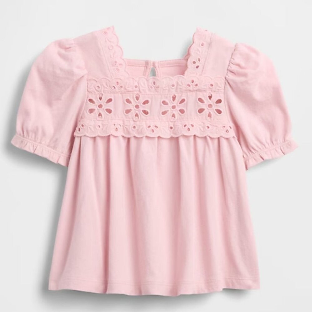 Gap Eyelet Lace Top Short Puff Sleeves Pink Baby Size 18-24M NEW WITH TAGS